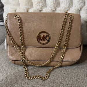 Michael Kors Fulton Leather Chain Shoulder Bag | Beige MK Logo Flap Crossbody